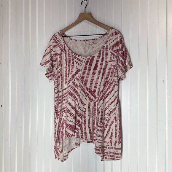 Woman Within L 18/20 Red Ivory Abstract High-Low Tunic Top Boho Asymmetrical - Picture 1 of 6